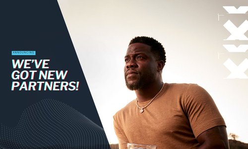 Banner that is half patterned with navy blue background and says "A Small Business Grant Program" and half a photo of Kevin Hart in an orange t-shirt